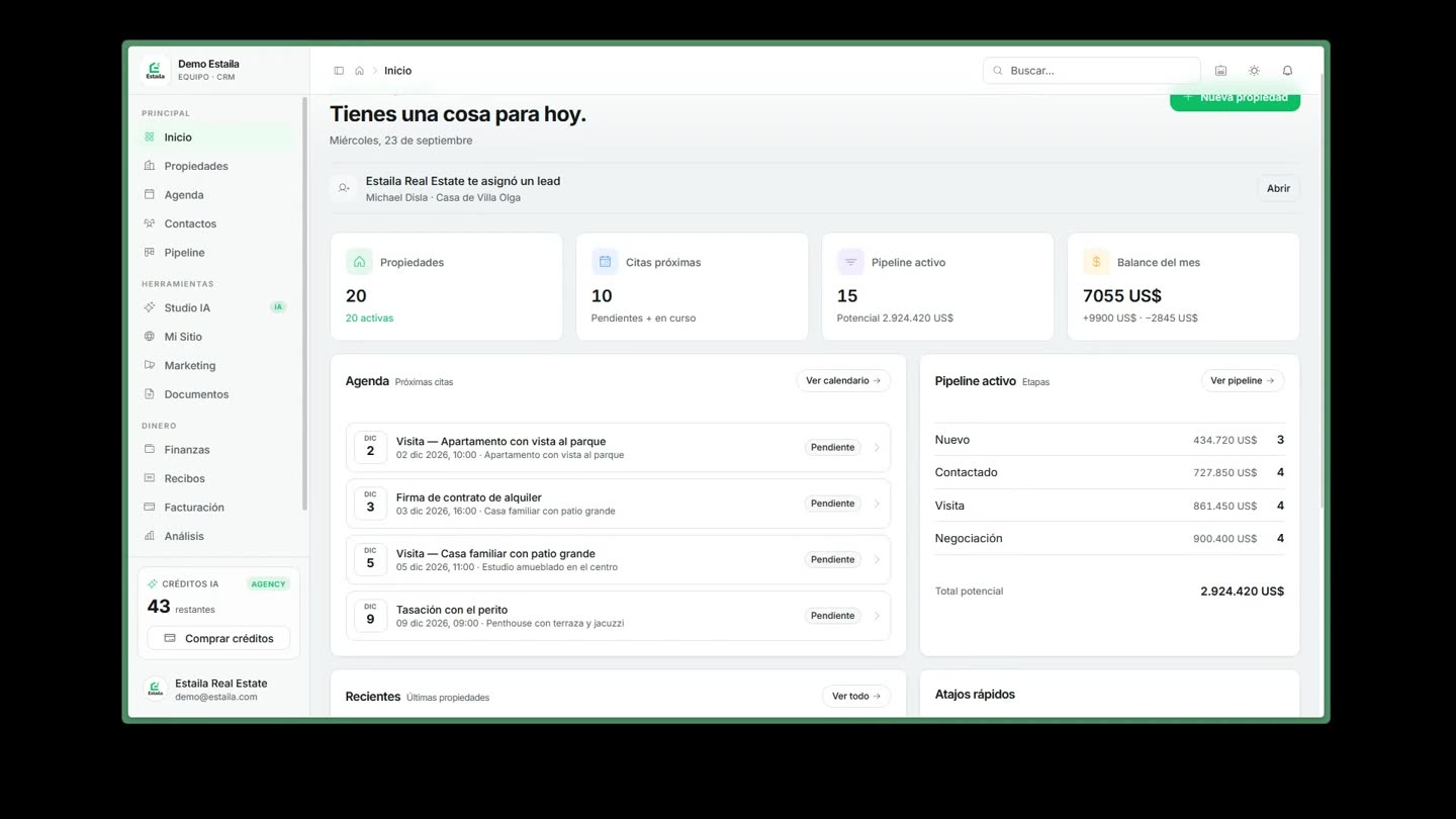 Recorrido por el CRM de estaila: inicio, agenda, contactos y pipeline